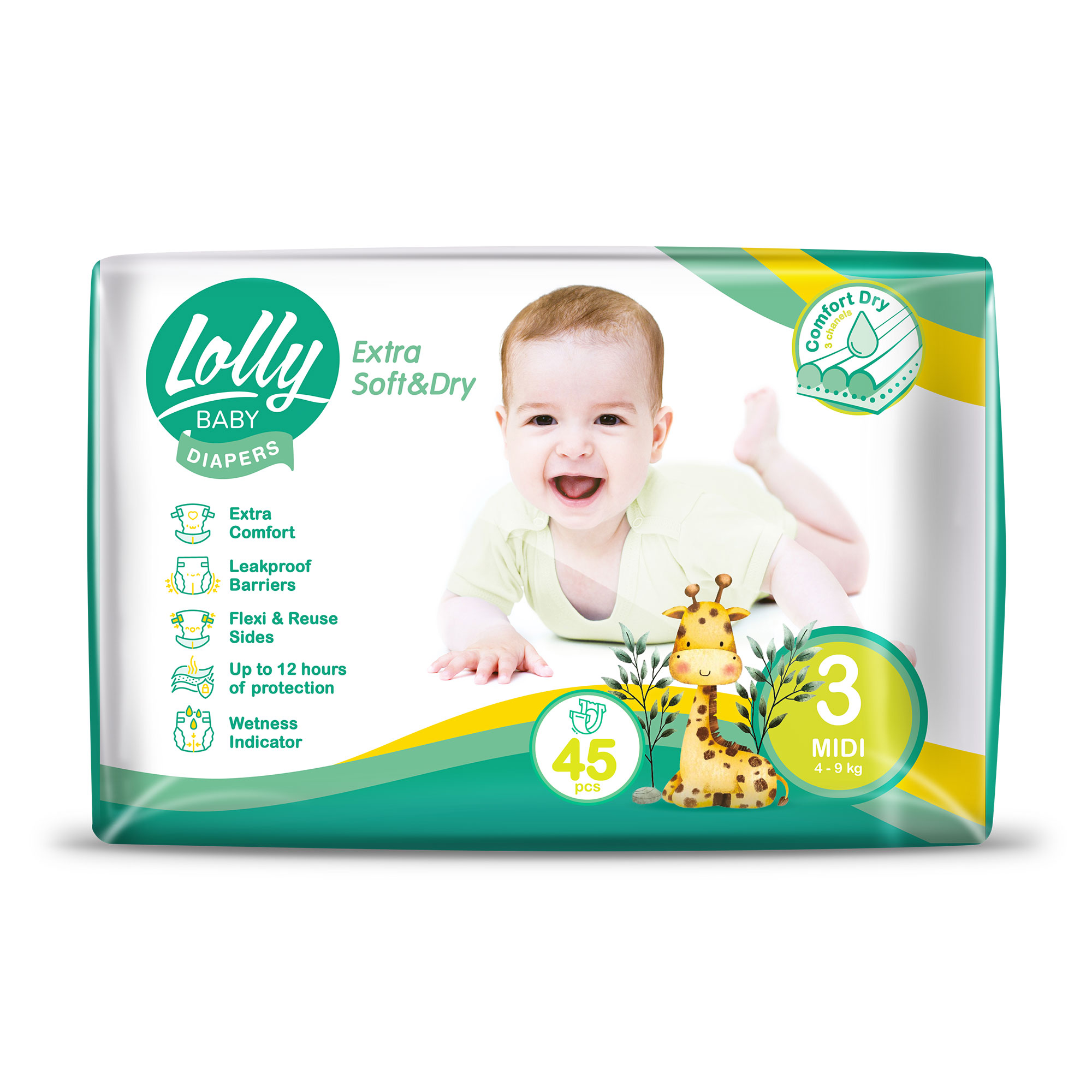 Підгузки Lolly Extra Soft &amp; Dry Midi розмір 3 (4-9 кг), 45 шт